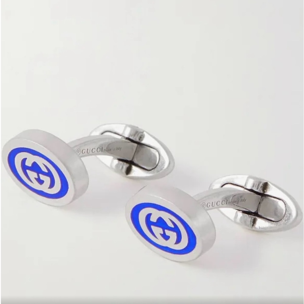 New Gucci Sterling Silver Interlocked G Blue Enamel
Double G Logo Cufflinks